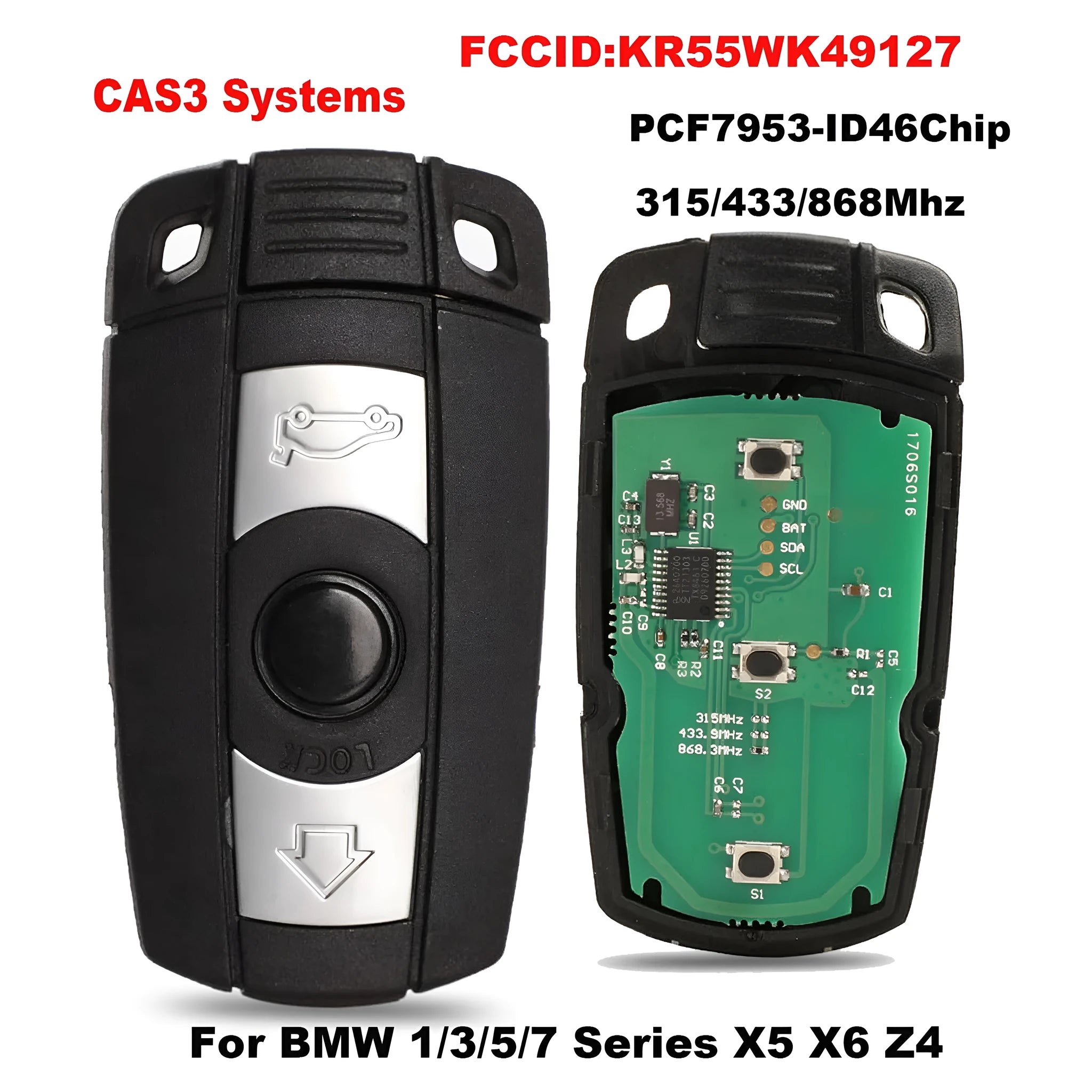 BMW CAS3 semi-intelligent remote car key fob with three blank metal blades attached.