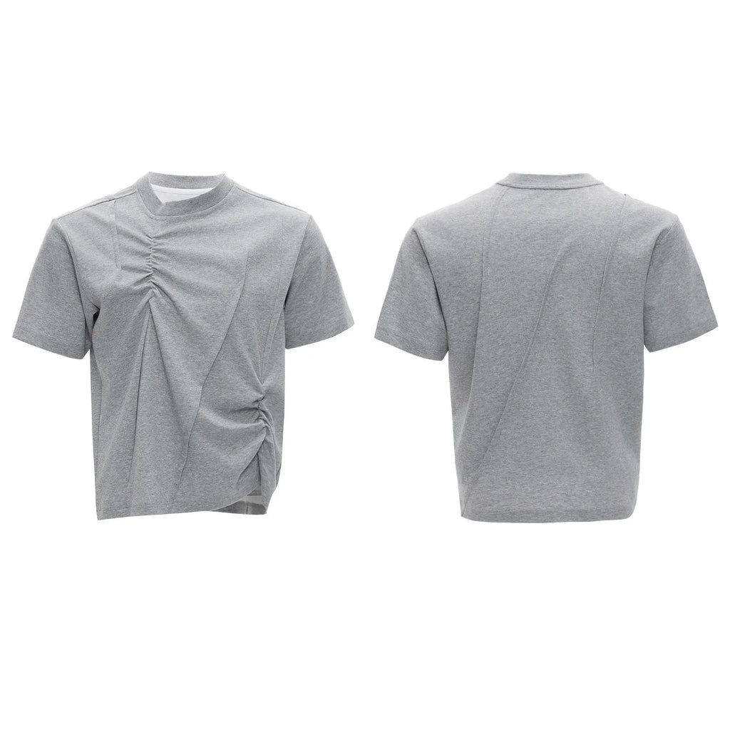 Men's grey pleated cotton T-shirt with round neck and asymmetric stitching