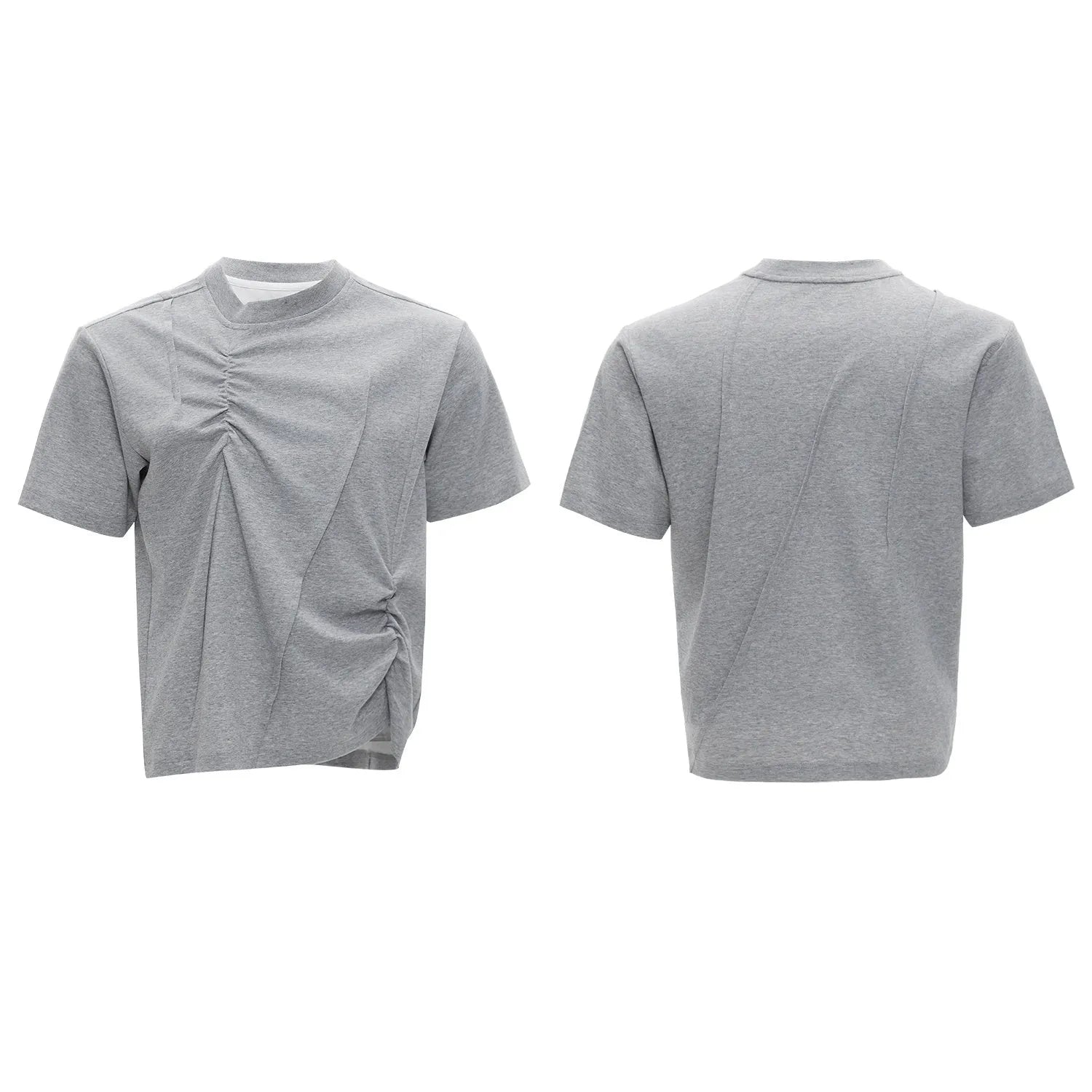 Men's grey pleated cotton T-shirt with round neck and asymmetric stitching