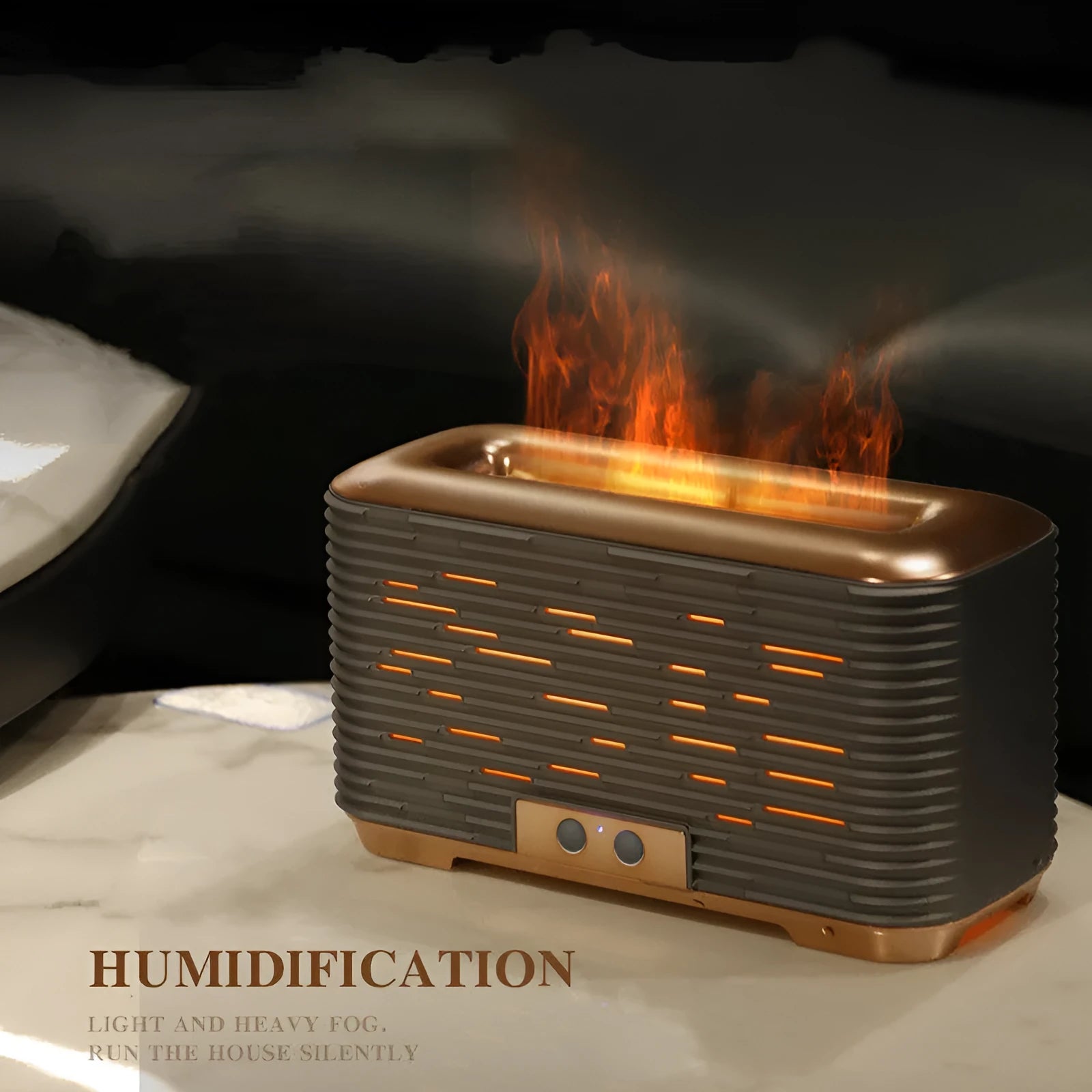 Flame aroma diffuser USB desktop humidifier with double-colour light in gold colour