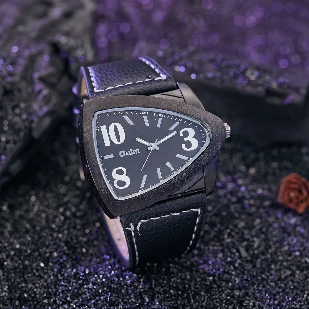 Men's brown, black and blue casual triangle belt quartz watch with 9mm thickness