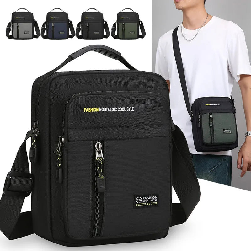 Men's casual outdoor nylon messenger bag in crossbody style with visible sewing details