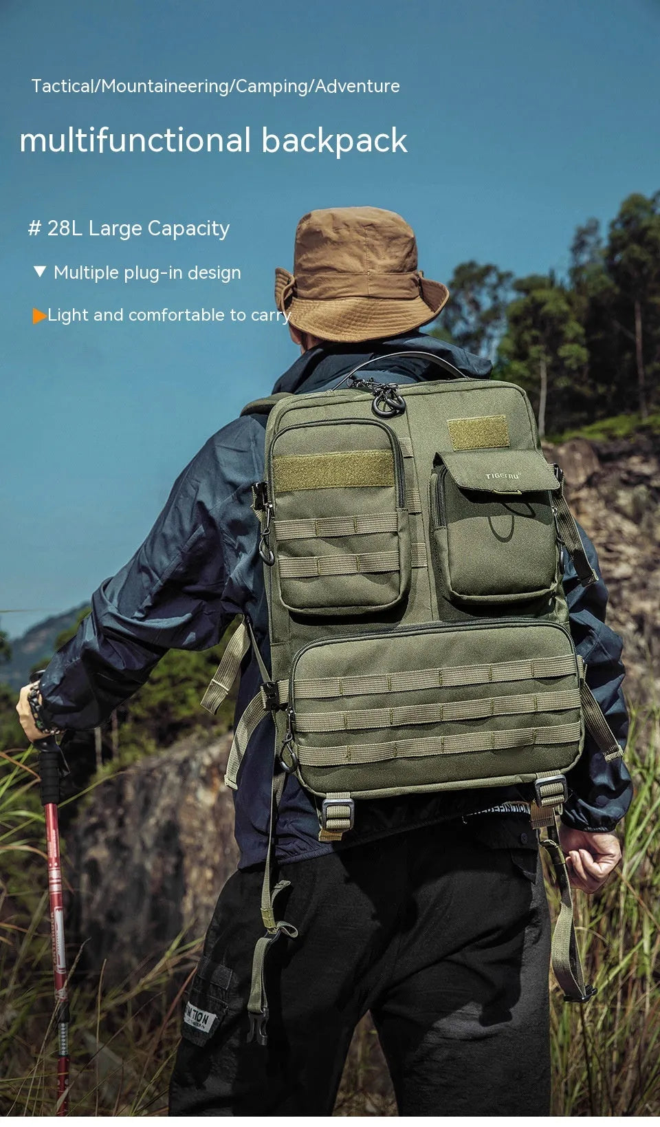 Army green tactical backpack with 17-inch height shown outdoors, highlighting its wear-resistant nylon construction.