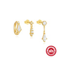 Three pairs of geometric sterling silver earrings with zircon stone accents in gold colour variations