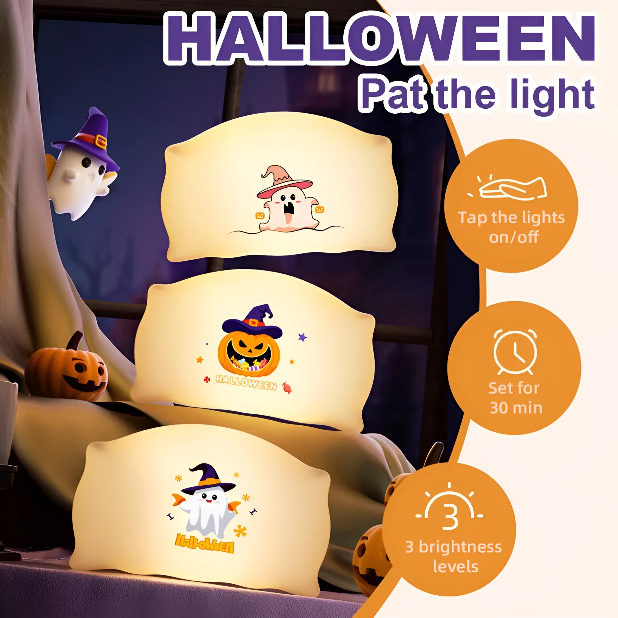 Cartoon Halloween doll table lamp in magic ghost colour, showing USB-C port and warm light glow.