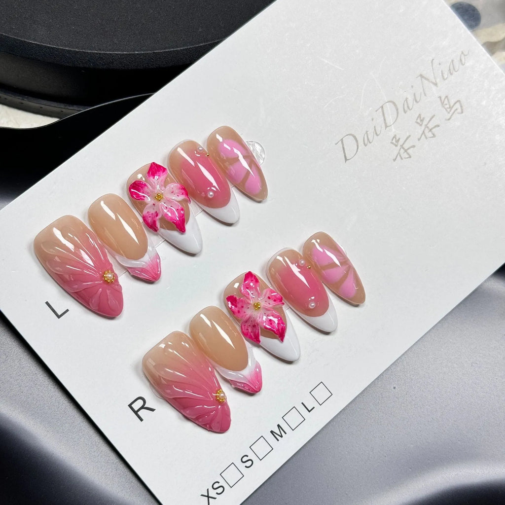 French style false nails with three-dimensional lily ice flower pattern in almond shape