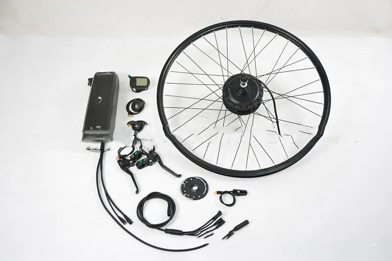 Lithium electric bicycle conversion kit with 36V 250W motor, controller, handlebar, and brake lever in black