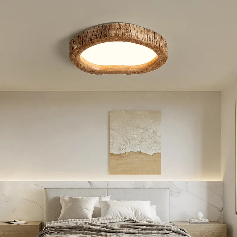 Wood grain finish round ceiling light in new Chinese style, shown in three size options.