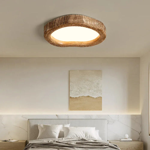 Wood grain finish round ceiling light in new Chinese style, shown in three size options.