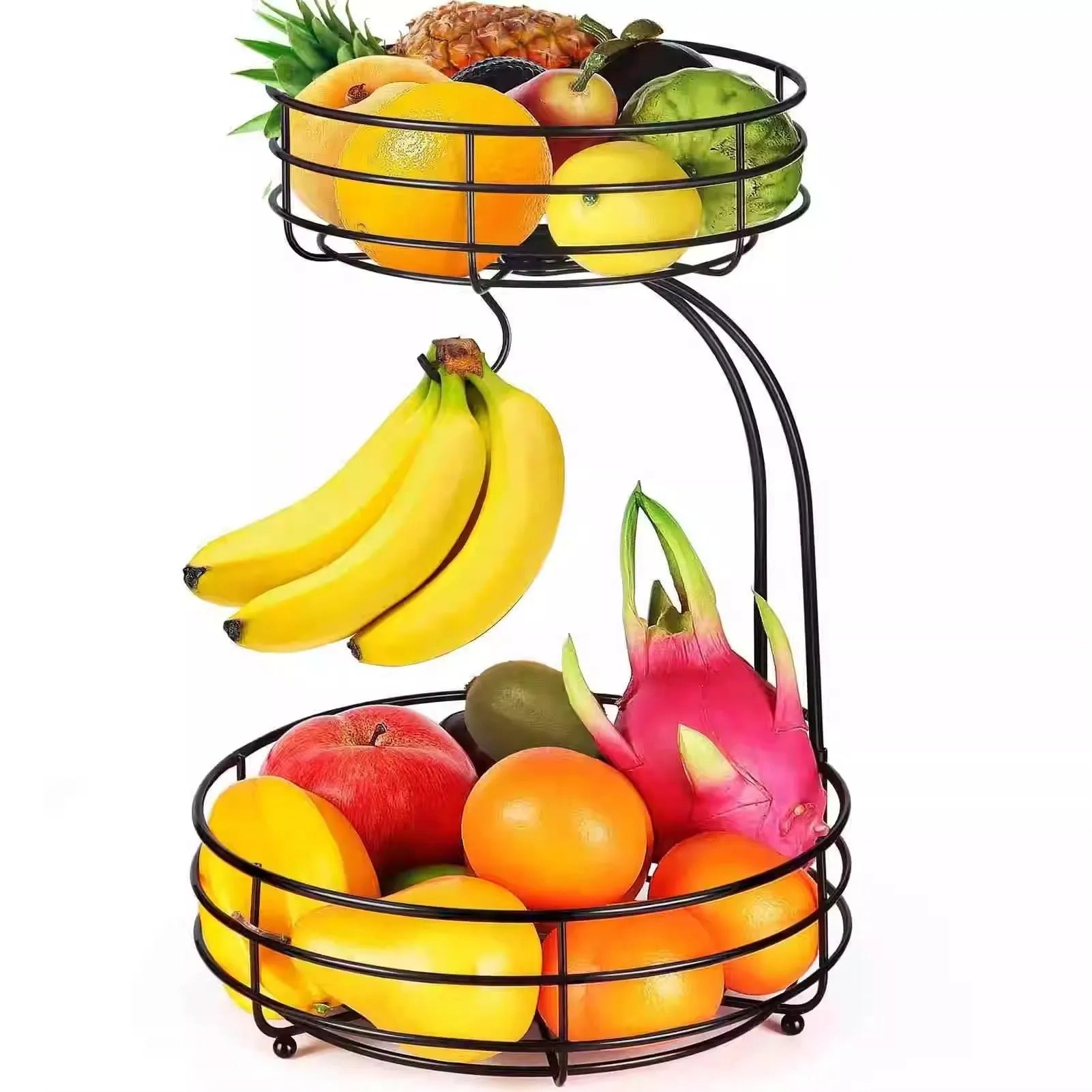 Black double-layer wrought iron fruit basket with open-weave shelves for storing produce.