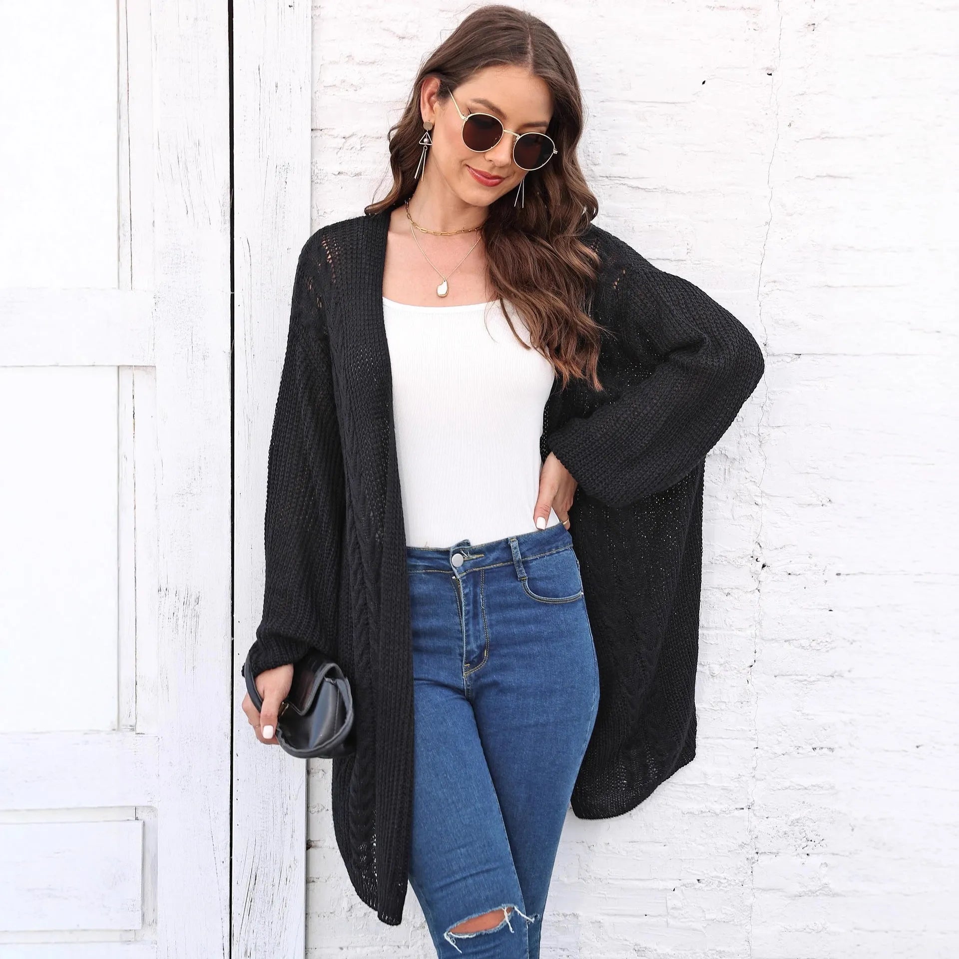 Women's loose acrylic sweater coat cardigan in five colour options including army green and rose red