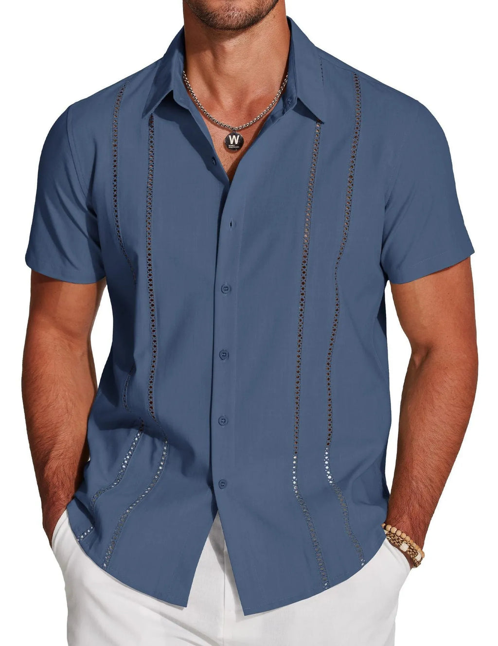 Men's slim-fit elastic Hawaiian shirt with digital print pattern in casual cardigan style