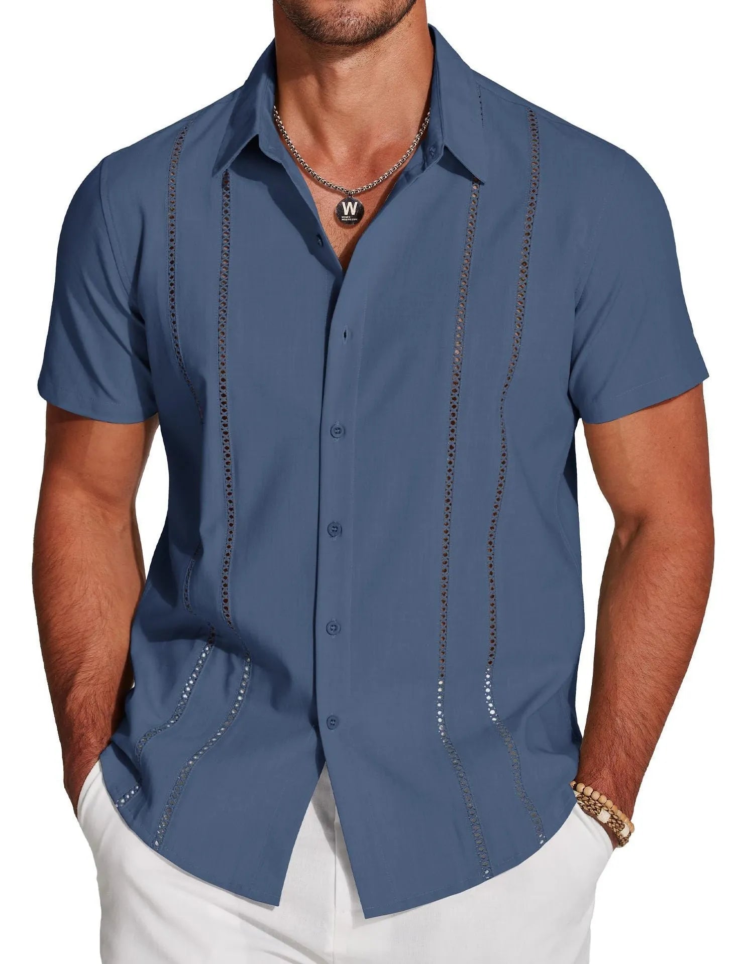 Men's slim-fit elastic Hawaiian shirt with digital print pattern in casual cardigan style