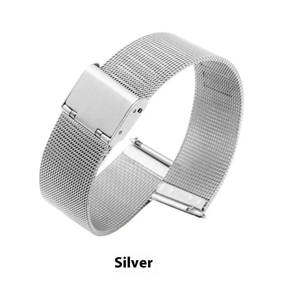 Milani stainless steel watch strap with silk woven texture in silver, shown with quick-release spring bars.