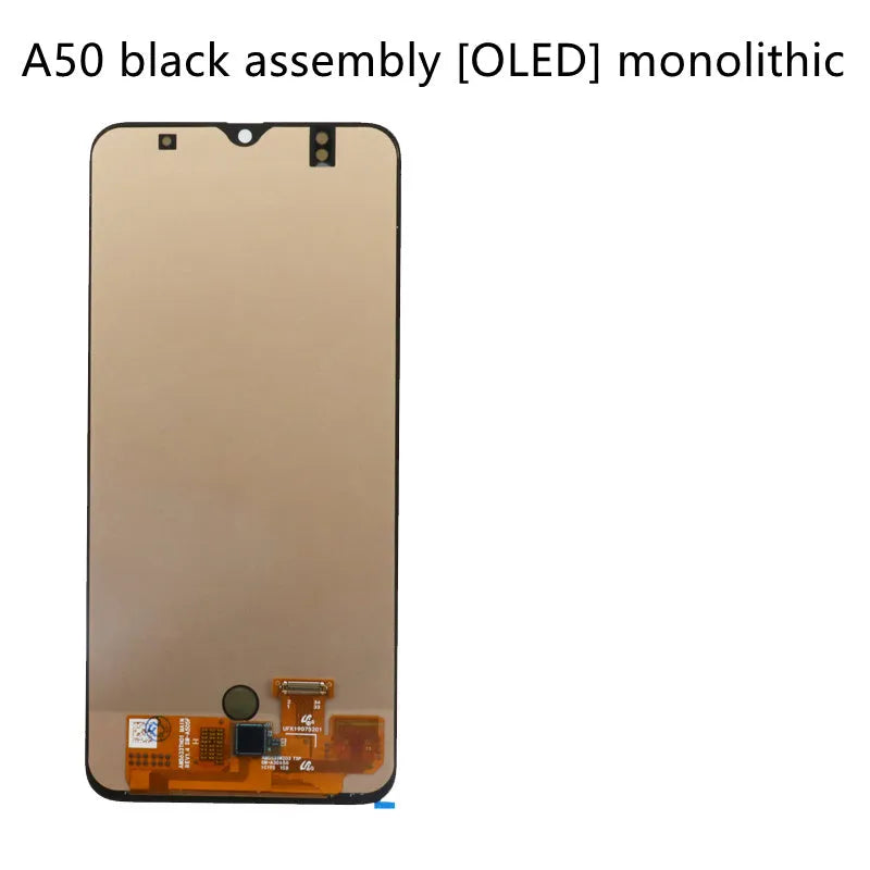 Samsung Galaxy A50 black OLED screen assembly with adhesive and repair tools laid out.