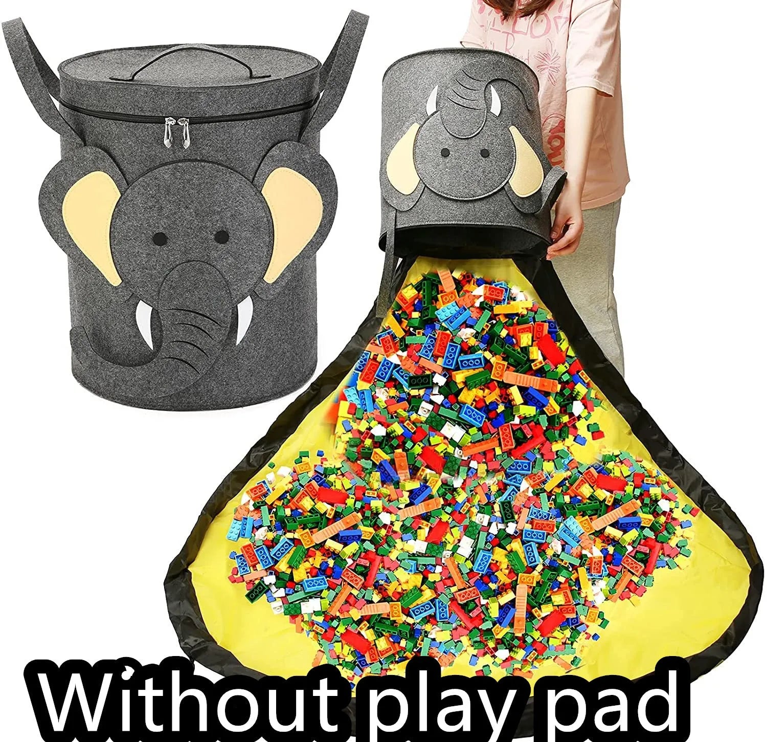 Green felt cube storage bag with pull rope shown as both a toy play mat and closed storage container
