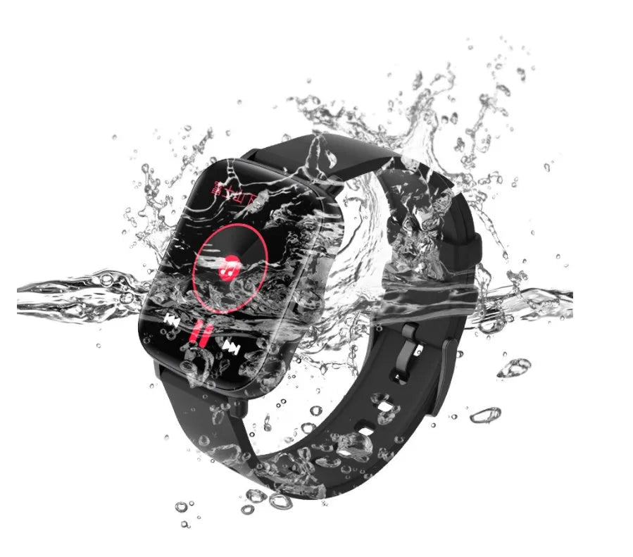 Black smart watch with 1.7-inch colour touch screen and silicone strap on a wrist.