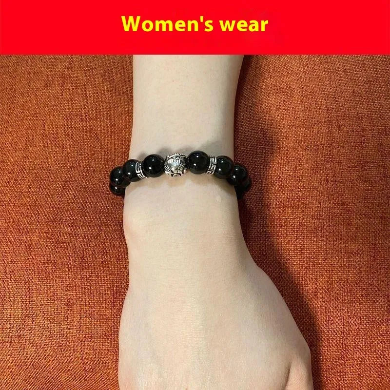 Obsidian bead bracelet with natural cloud patterns and a 999 silver clasp.