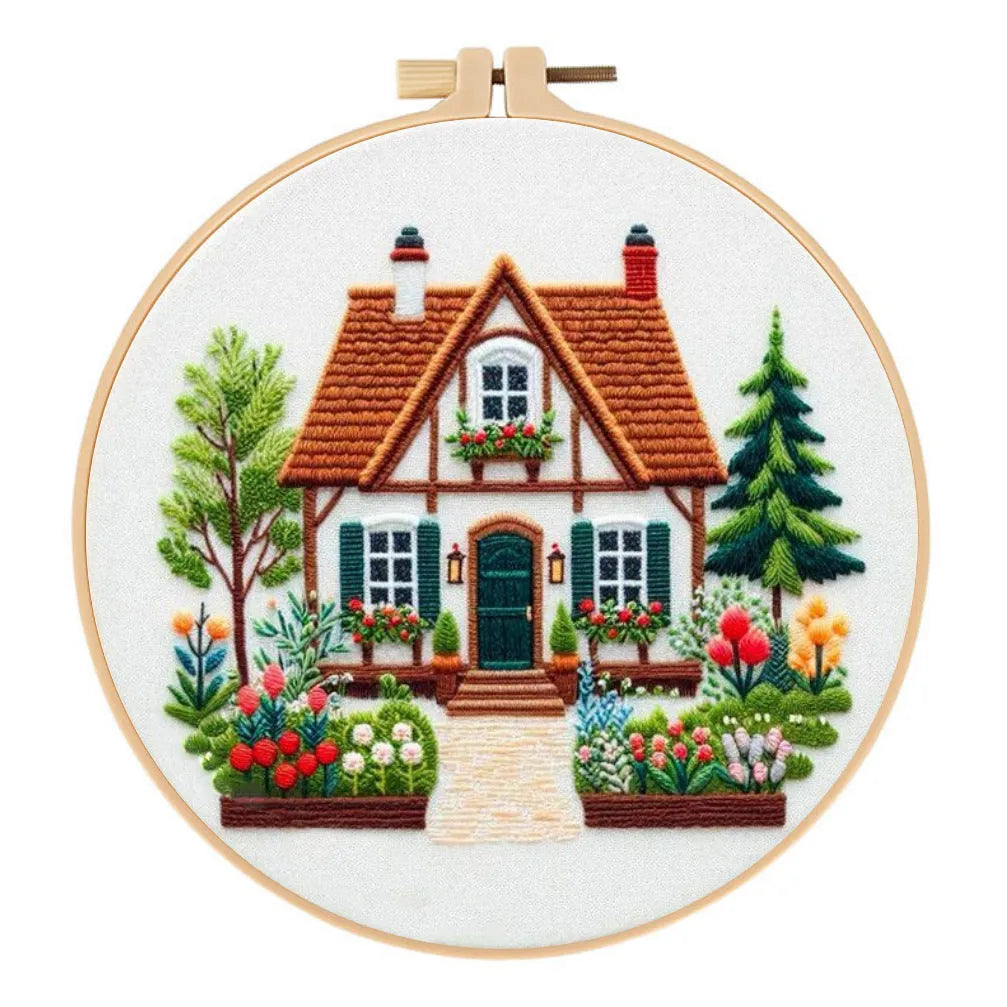 Garden Cottage embroidery material package with 28x28cm pre-printed cotton linen cloth showing landscape scene