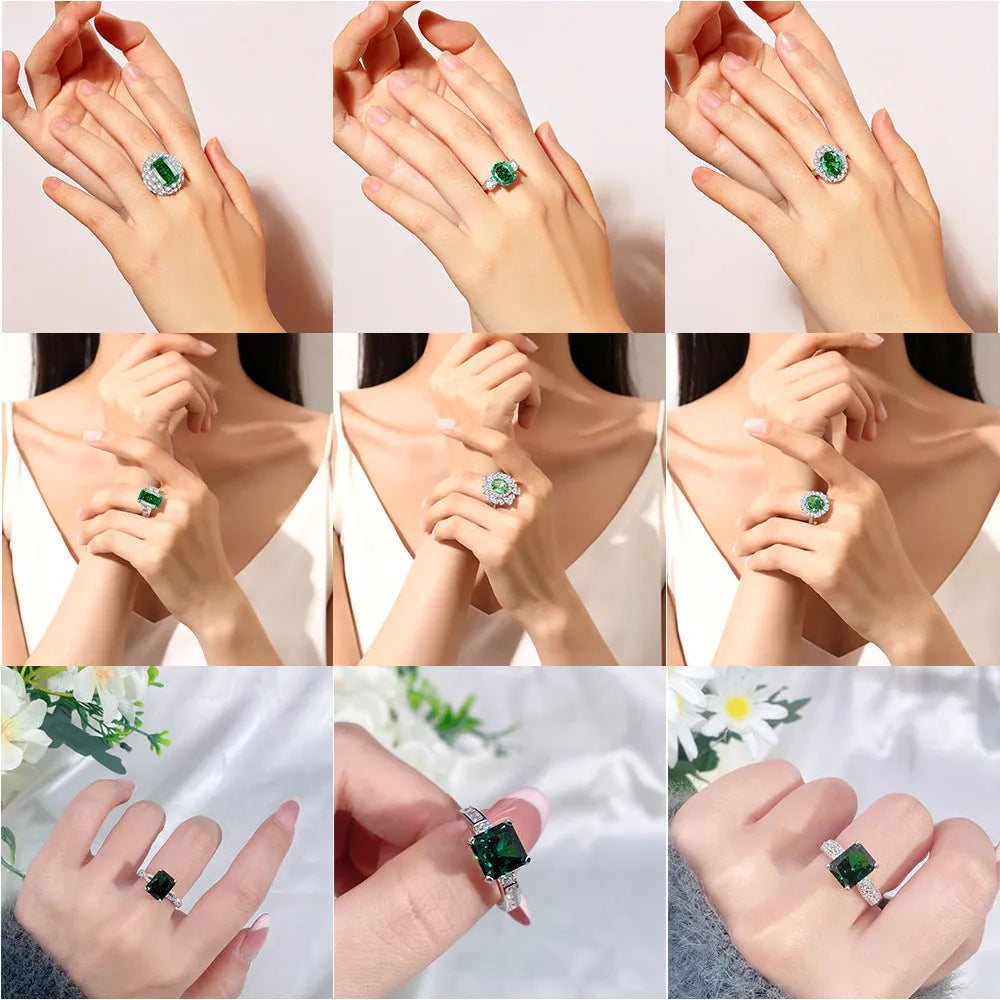 Geometric S925 sterling silver women's ring with emerald and inlaid high carbon diamonds in Palai Bahao style.