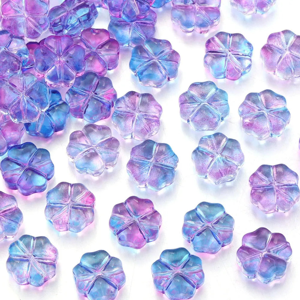50 glass four-leaf clover beads in assorted colours with coloured glaze finish and 10mm straight hole design.