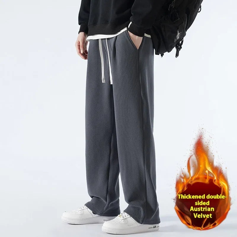 Men's apricot double-sided polar fleece trousers with a wool lining, shown with a drawstring waist.