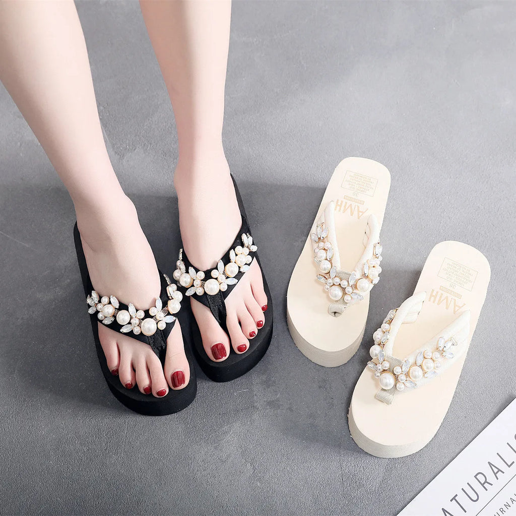 Women's high-heeled flip-flops in black or beige with cotton cloth upper