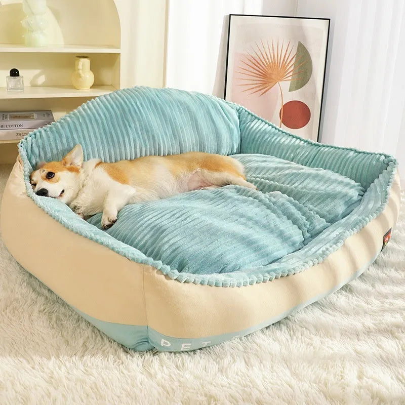 Morandi coloured removable sofa dog mat and cat bed shown in large and medium sizes.