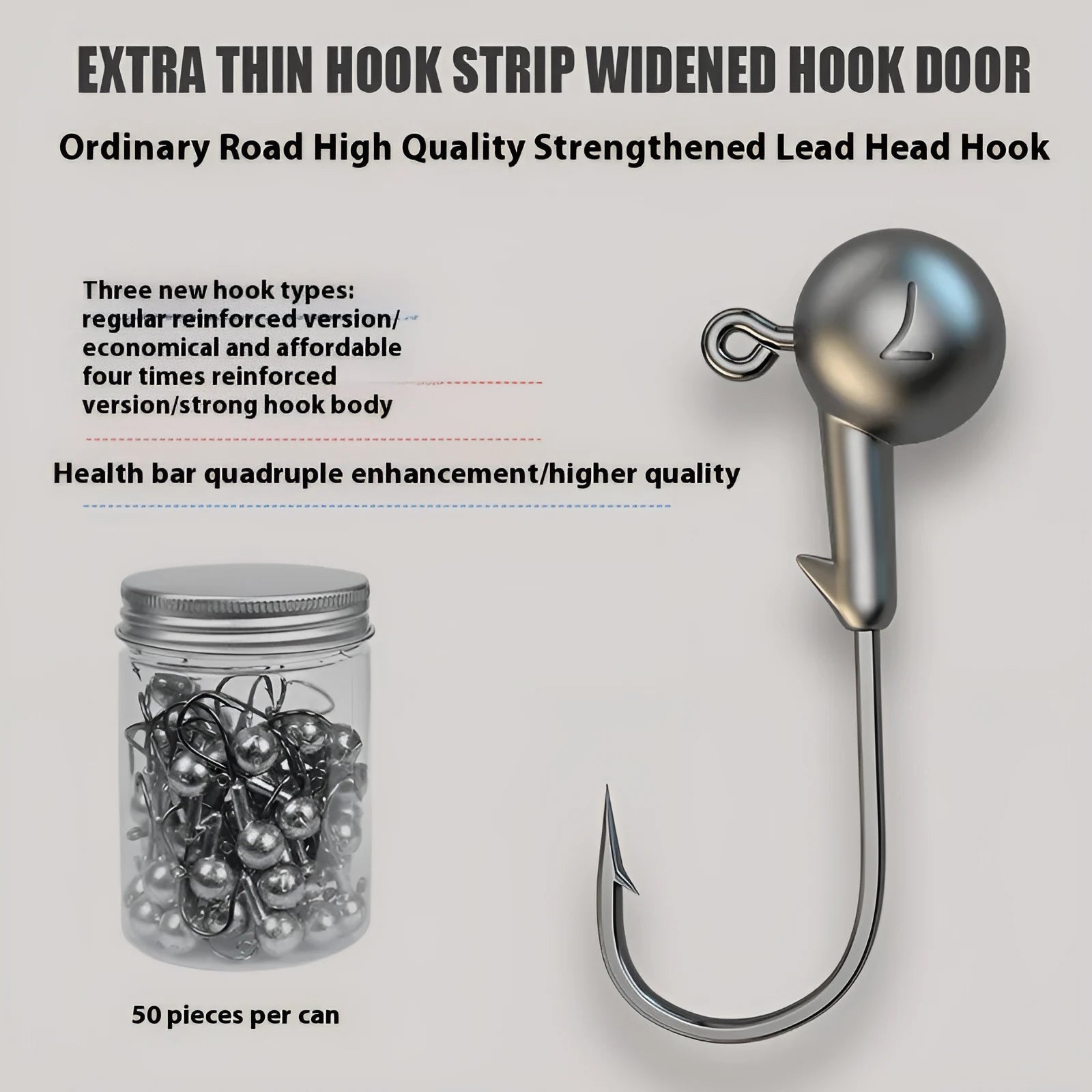 50-piece steel jig hook fishing set with three specification options and lead-headed model