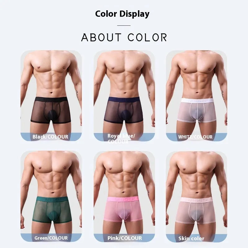 Men's thin invisible boxers in quick-drying polyester fabric, shown in multiple colour options.