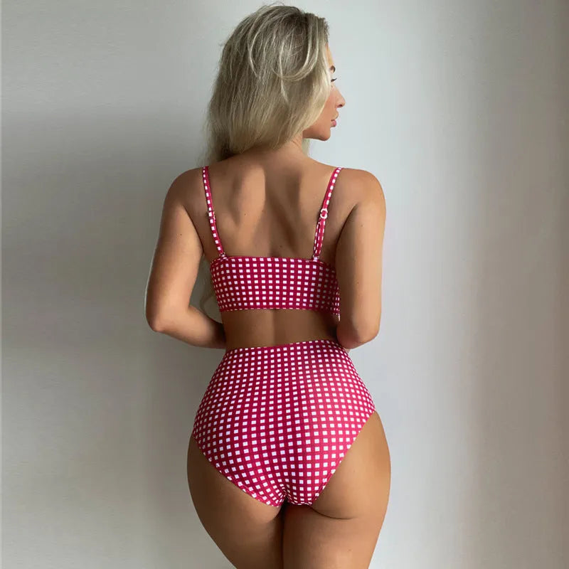 Women's high waist bikini swimsuit in plaid design with separate top and briefs