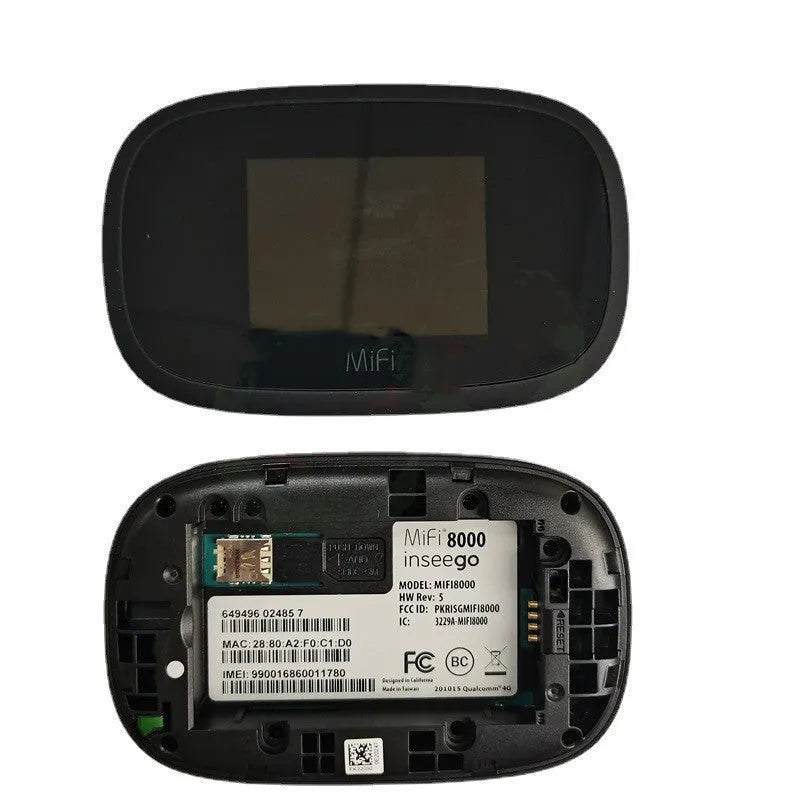Black MiFi8000 4G portable wireless router with battery and data cable.