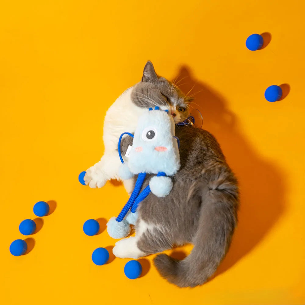 Telescopic plush cat toy with elastic rope and mint-scented bell ring, measuring 30x30cm