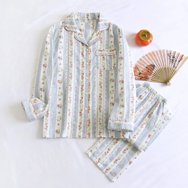 Japanese style cotton gauze ladies homewear set with long sleeves and trousers in stripe or red fruit pattern.