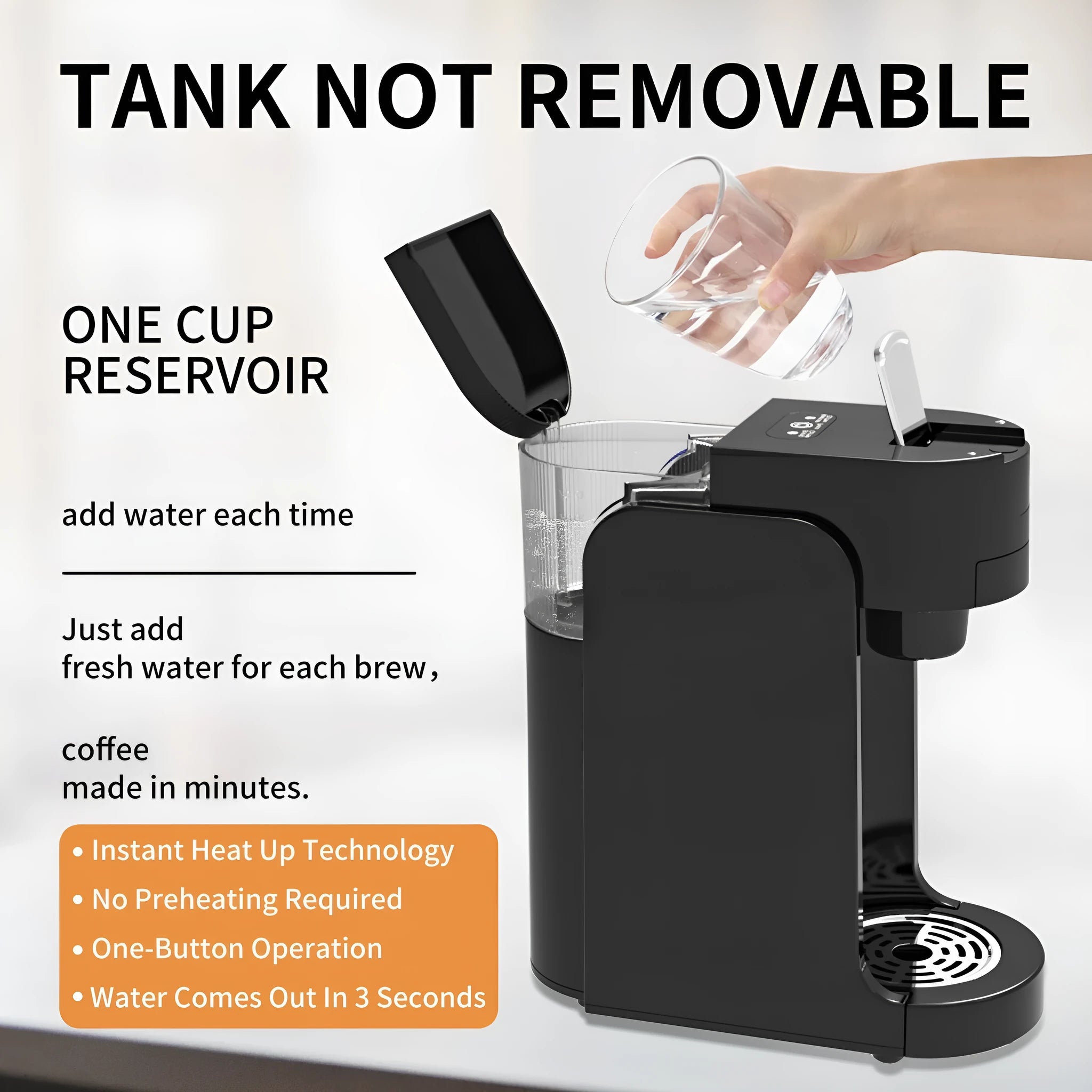 Black and white compact capsule coffee machine with adjustable stainless steel drip tray and transparent water tank.