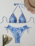 Women's denim blue printed halter neck bikini set with adjustable side-tie briefs