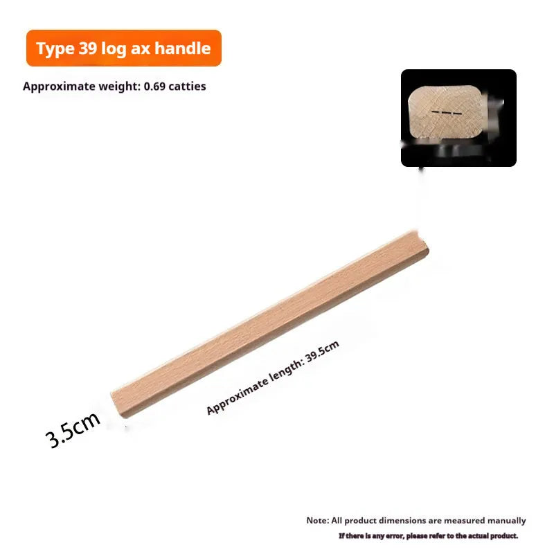 Locust wood tool handles for axes, hoes, and sickles in various lengths on a wooden surface.