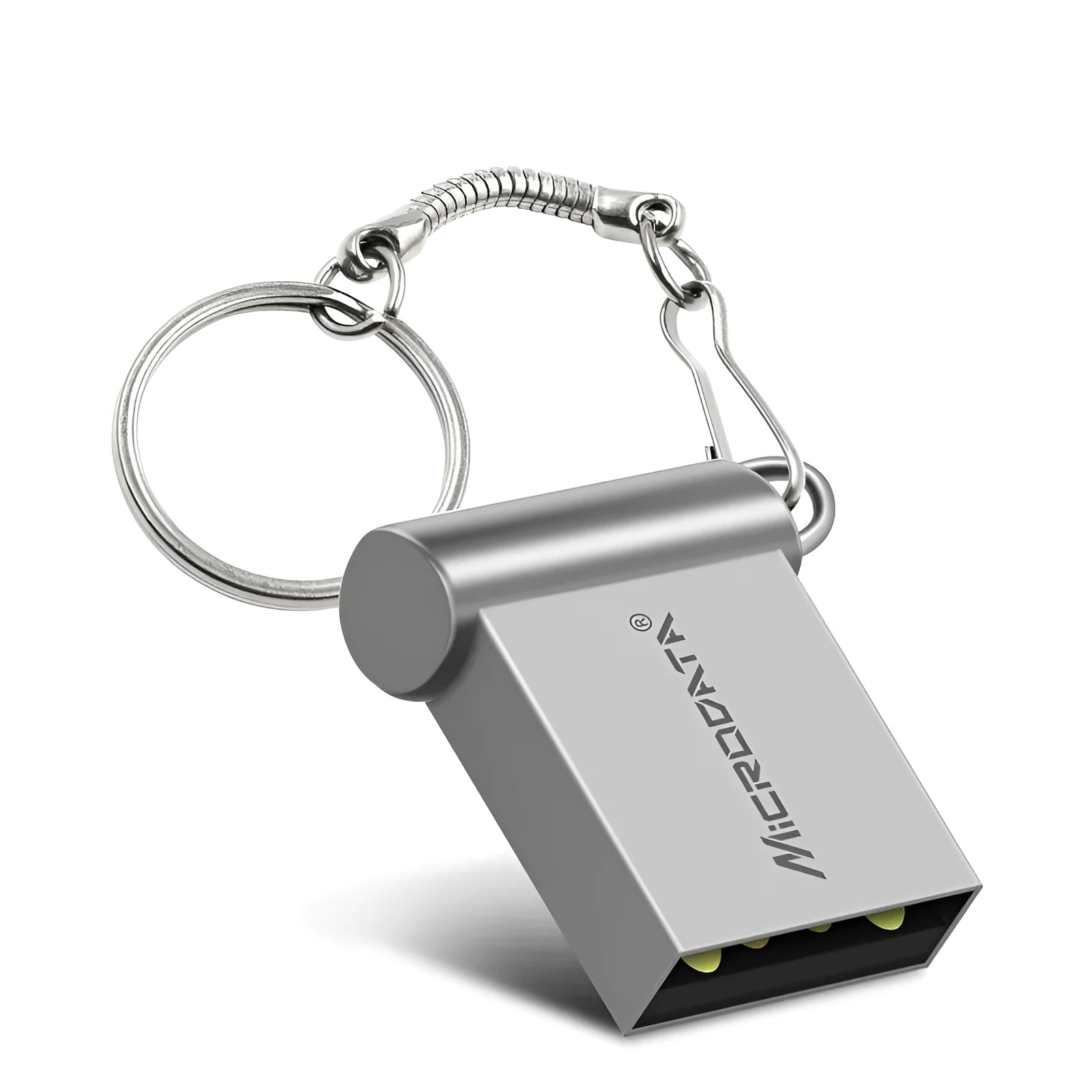 Small silver car-shaped metal USB flash drive on a chain necklace.