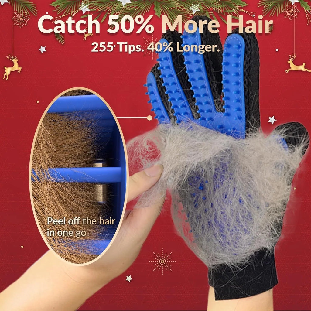 Blue silicone pet grooming gloves with multiple tips for brushing dogs, cats, or horses.