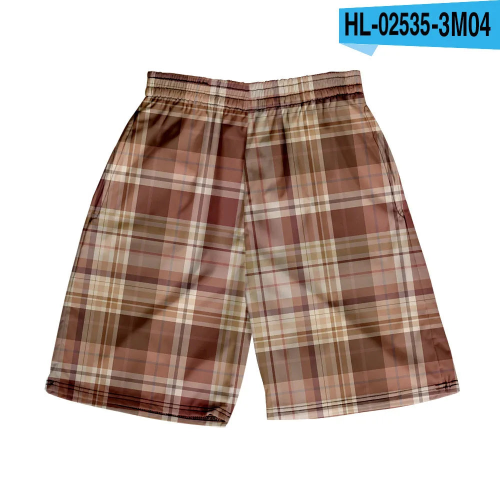 Men's blue and white plaid casual polyester shorts with an elastic waistband.
