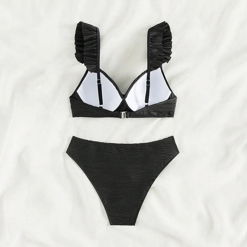 Women's solid colour bikini swimsuit in black and khaki options with Asian sizing