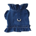 Blue denim dress for a dog or cat with ruffles and a metal leash hook on the chest.