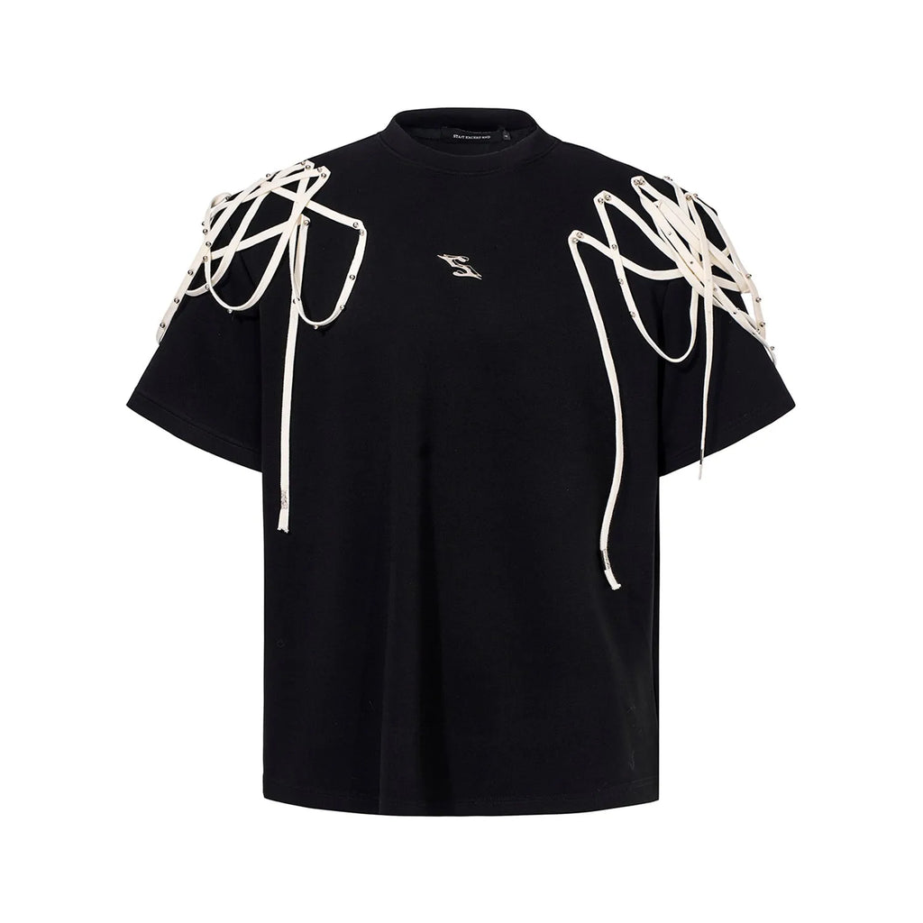 Black loose fit T-shirt with padded shoulders featuring rivet ribbon decoration and short sleeves