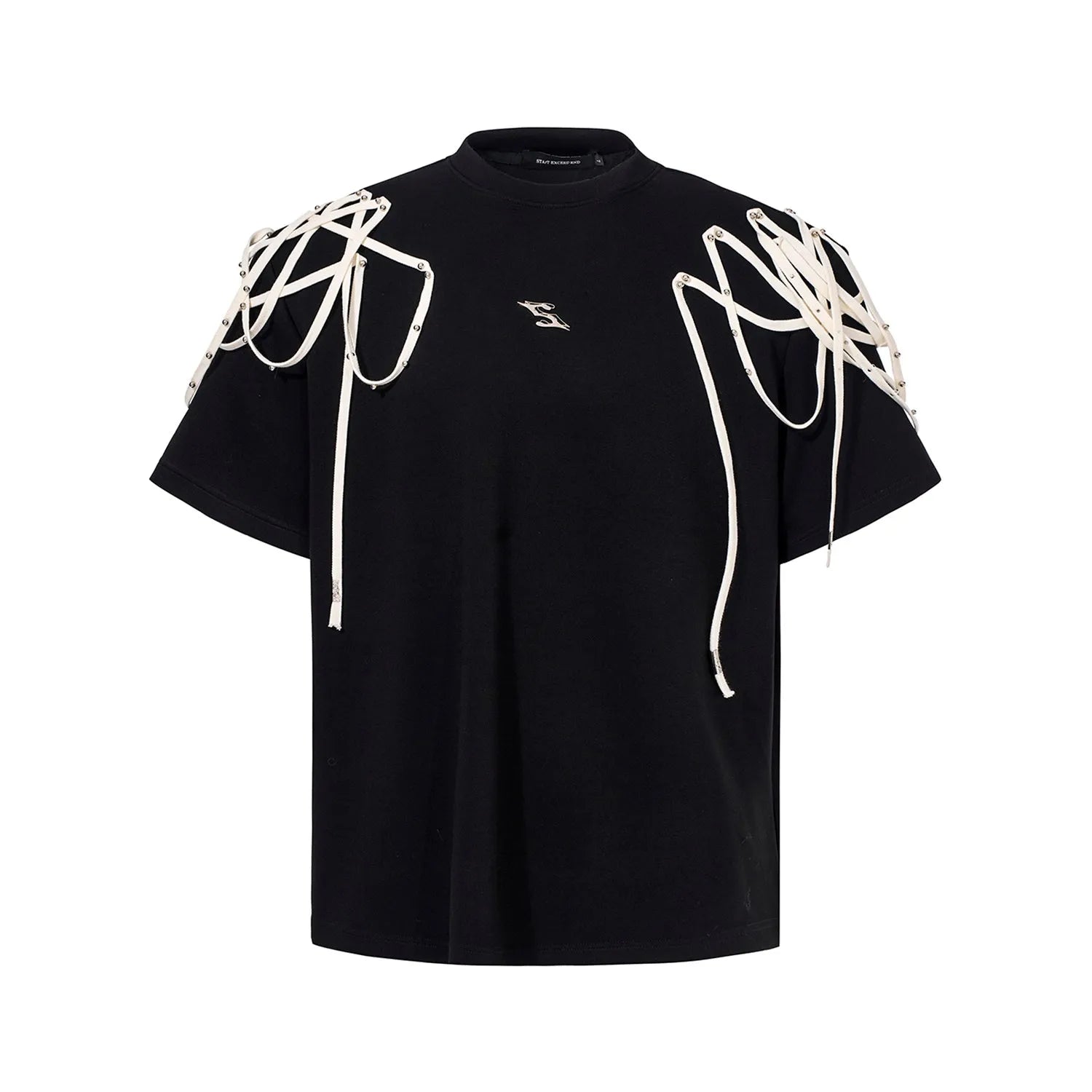 Black loose fit T-shirt with padded shoulders featuring rivet ribbon decoration and short sleeves