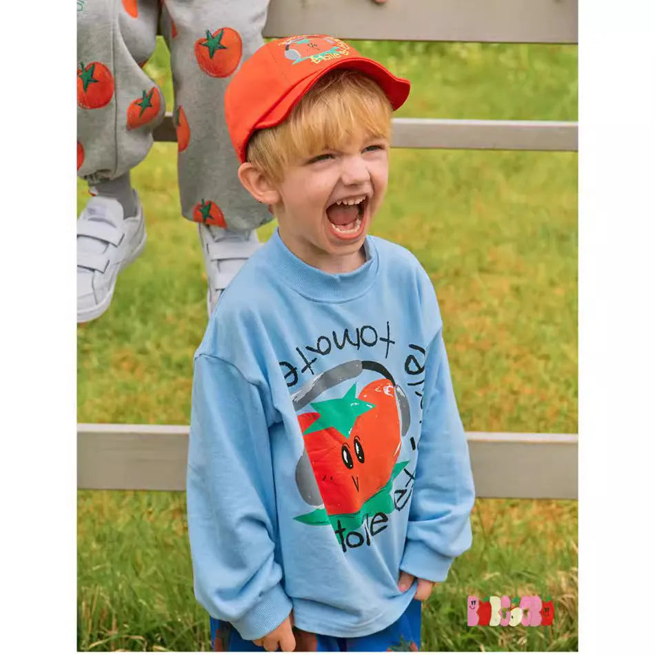 Children's casual loose cotton cartoon print long sleeve pullover top in Korean style, available in multiple sizes from 90cm to 150cm