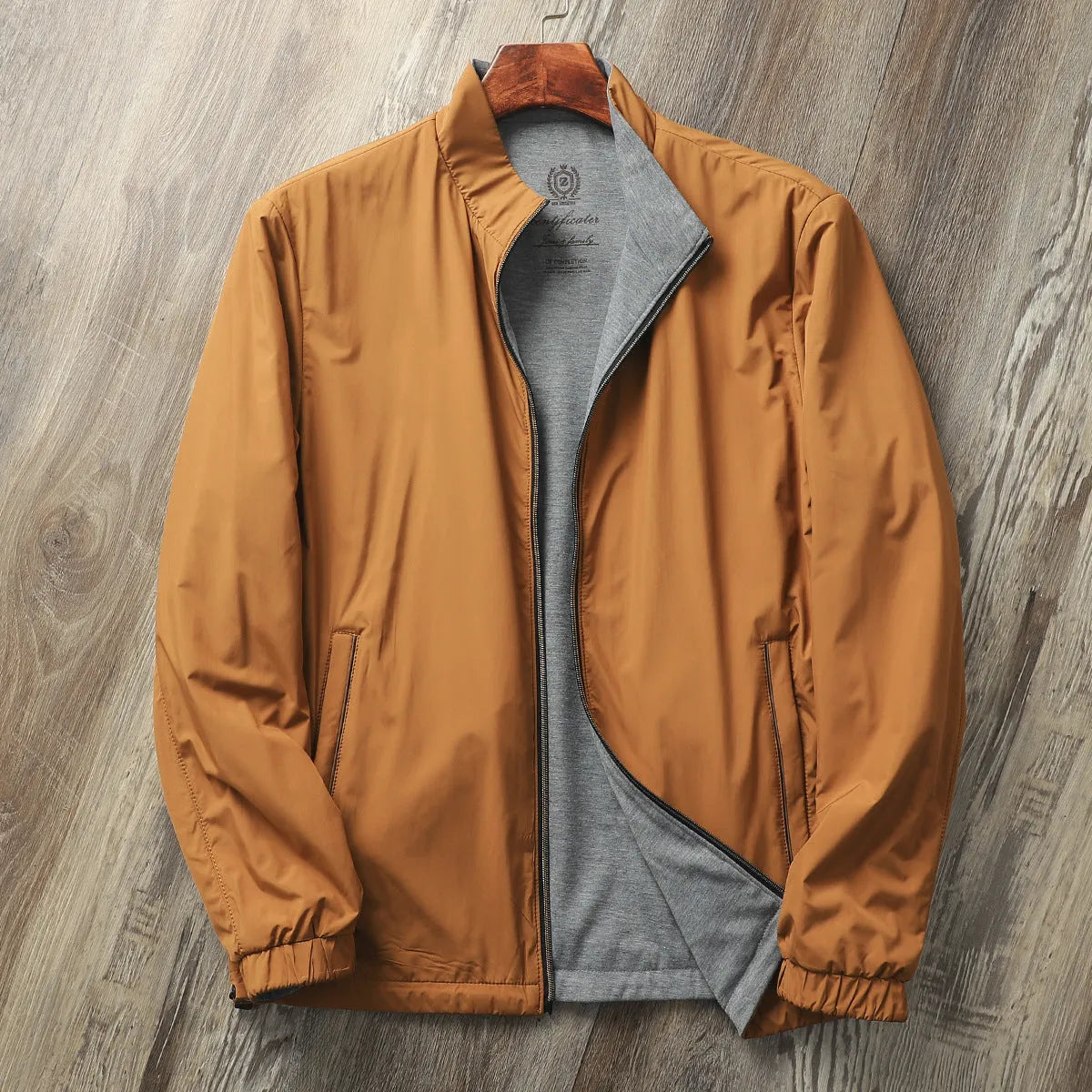 Men's stand collar casual jacket in army green with a simple design and regular sleeves.