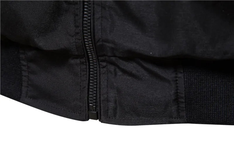 Men's solid colour thin casual jacket in polyester, shown in dark blue, black, and army green.
