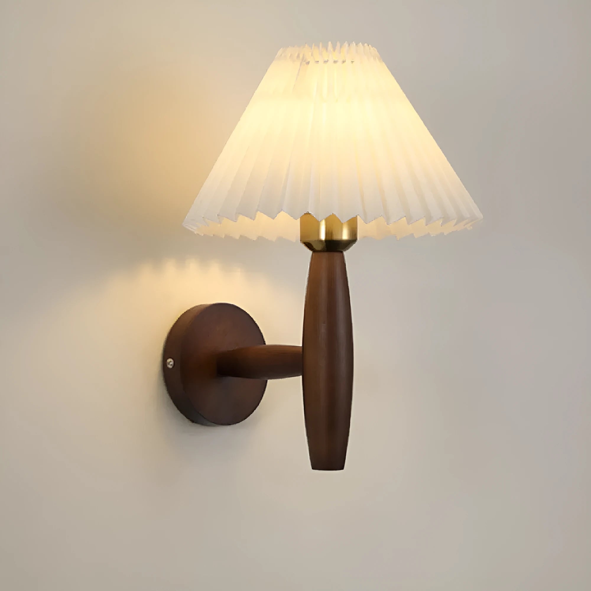 American retro walnut wood wall lamp with fabric shade and copper detailing