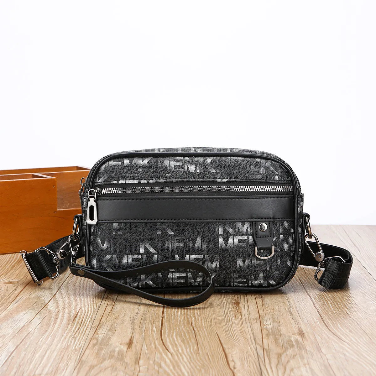 Men's black geometric pattern PU messenger bag with a shoulder strap, shown horizontally.