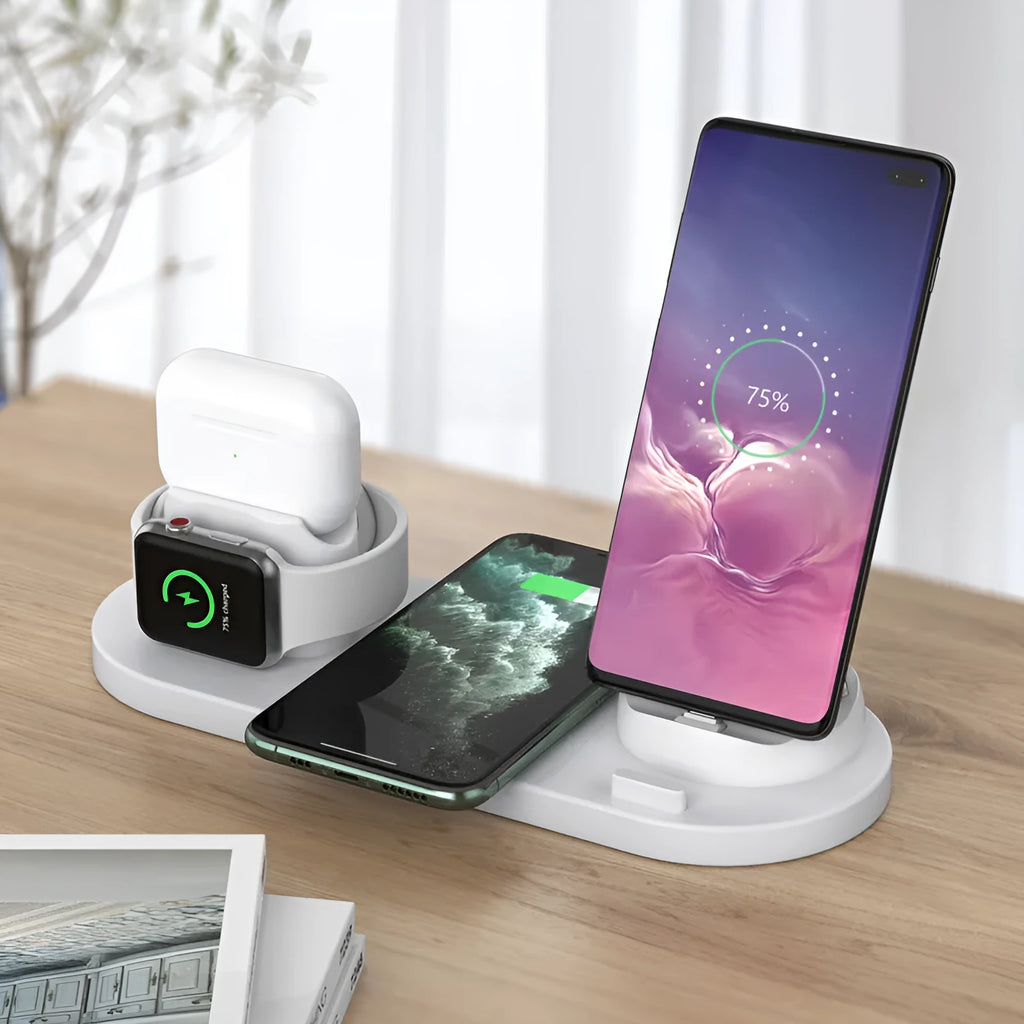 Black 6-in-1 wireless charging station organising a phone, Apple Watch and AirPods on a desk